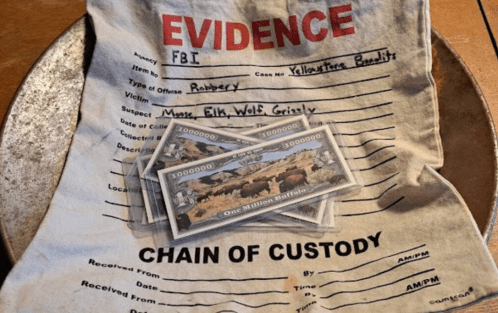 A cloth evidence bag labeled "FBI" with a robbery report and fake money featuring buffalo images inside.